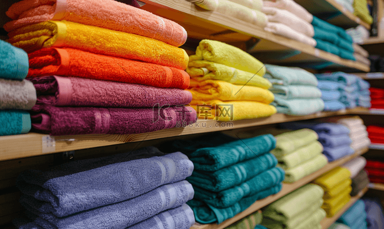 市场销售棉毛巾架上的多色毛巾堆