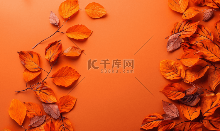橙色纸背景上美丽明亮的秋叶带复