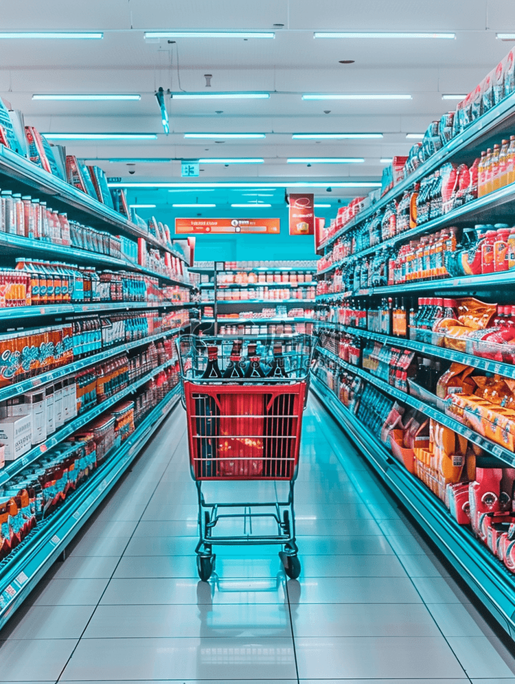 超市杂货店过道空购物车商业概念