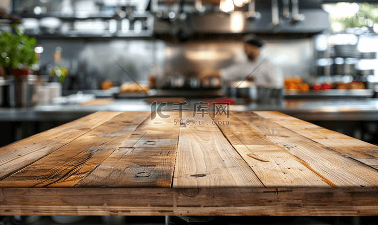空木桌顶厨师在餐厅厨房做饭背景