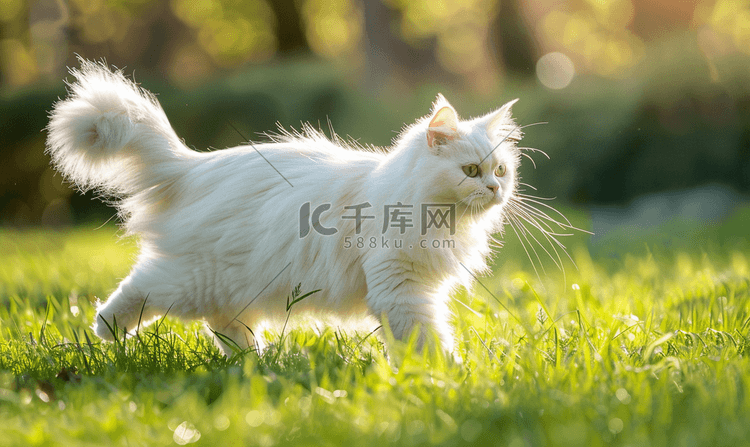 阳光明媚的日子里白色毛茸茸的猫