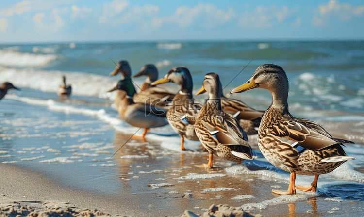 近海海岸线上的野鸭群