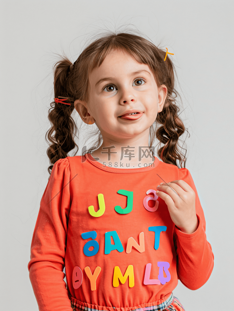 小女孩训练在白色背景上发音字母
