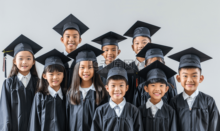 一群快乐的亚洲小学生戴着毕业帽