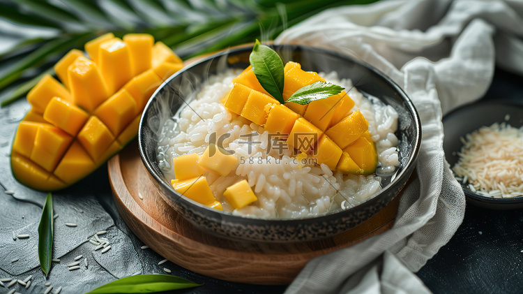 泰国甜品芒果糯米饭高清图片