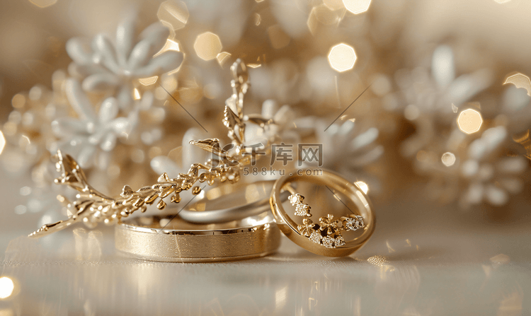 带有婚礼装饰的金结婚戒指
