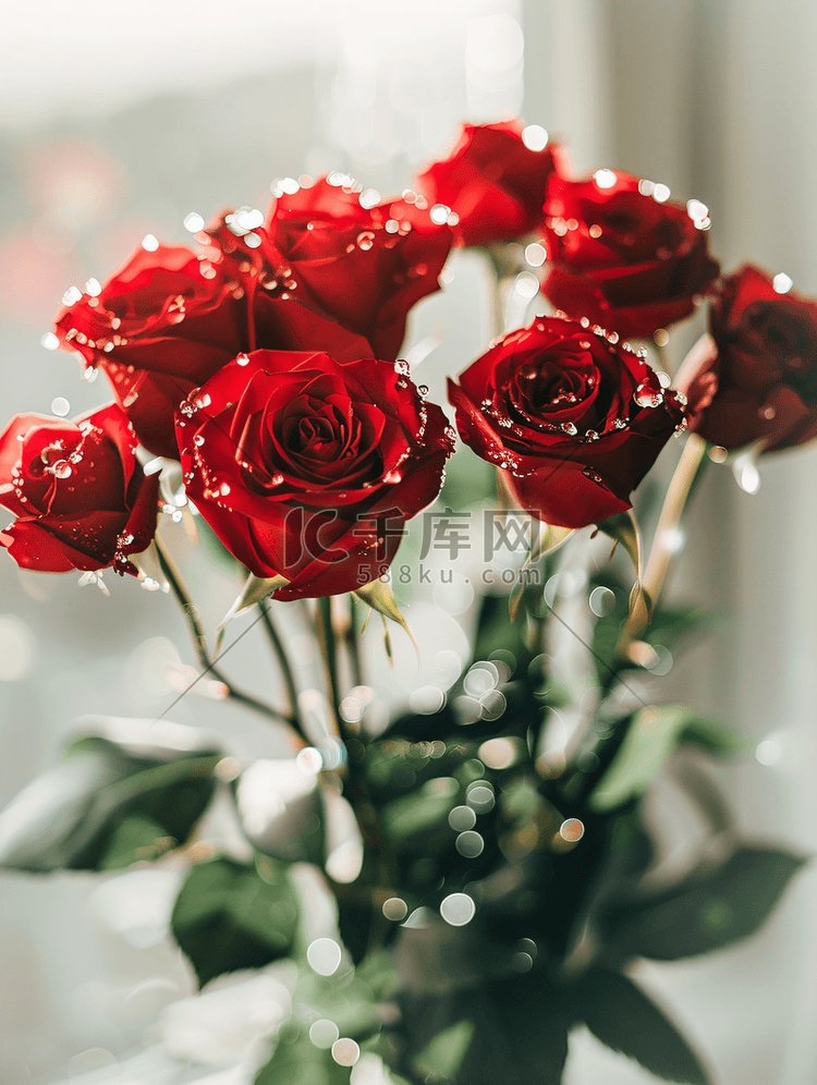 装饰花束中的红玫瑰上面有水晶