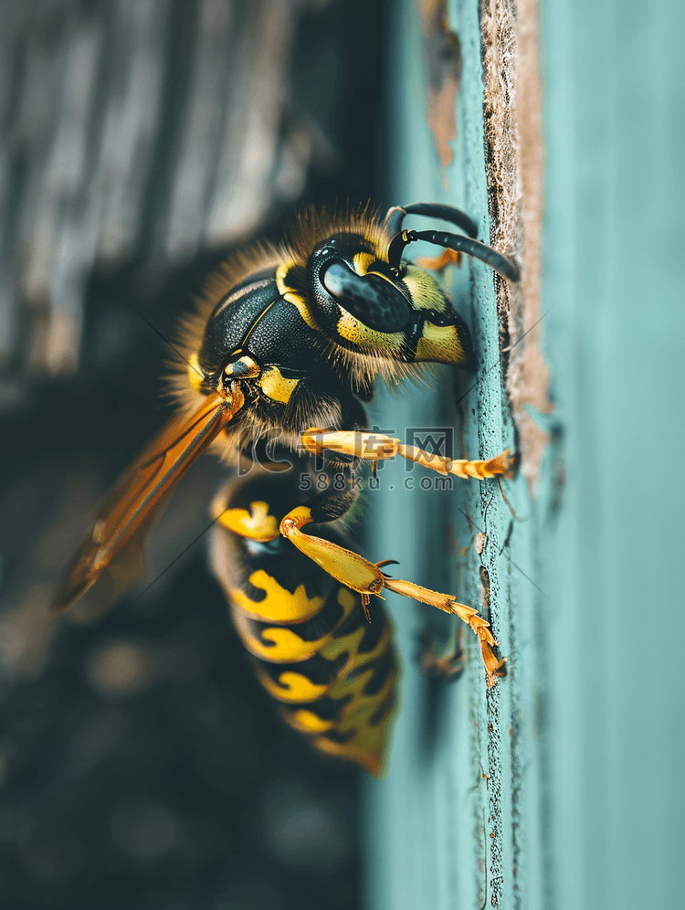 黄蜂爬上木梁黑黄昆虫克罗地亚