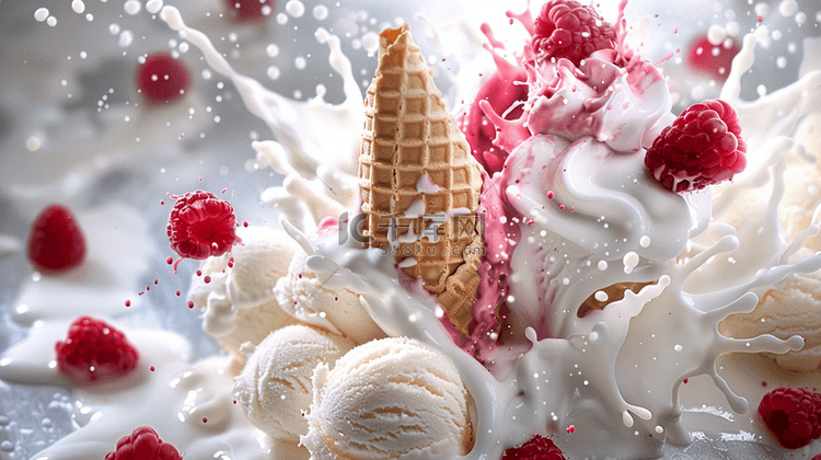 清新草莓冰淇淋喷溅水花素材