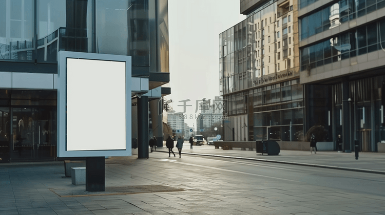 繁华街道上的空白广告灯箱设计图