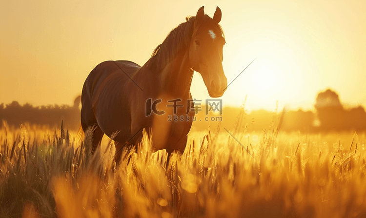 日落时站在田野里的一匹马的画像