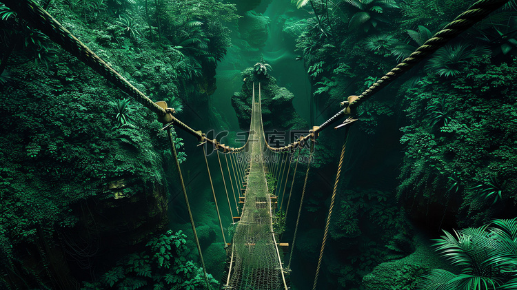 绿植幽暗麻绳吊桥摄影照片