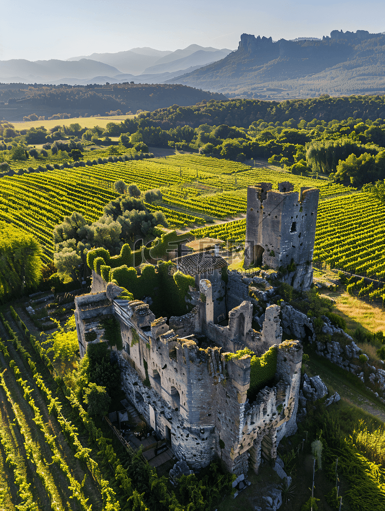 葡萄园环绕的中世纪城堡的鸟瞰图