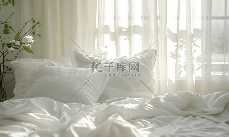 卧室内部床上的白色枕头装饰