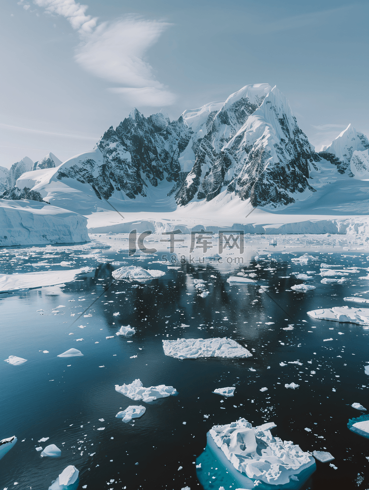 南极洲雪山和冰岸的空中景观