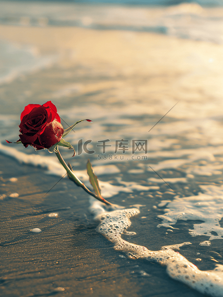 海浪冲走海滩上的红玫瑰复古爱情