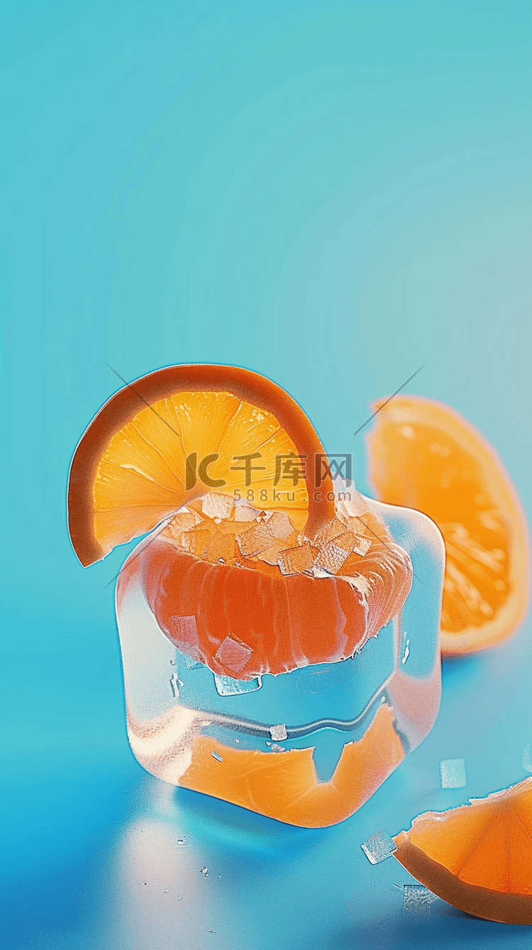 清凉夏天透明冰块里的橙子桔子背