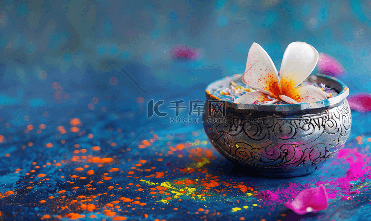 泰国宋干节蓝色银碗配彩色花朵和