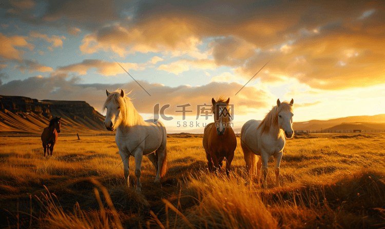 日落时分冰岛马站在草地上天空多