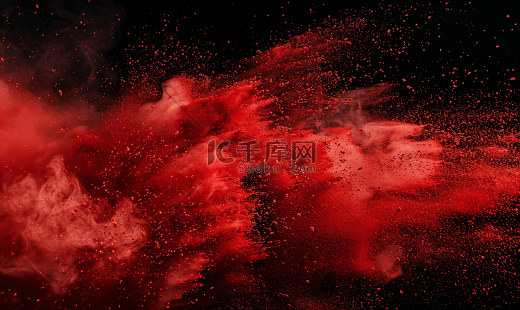 黑色背景上的抽象红尘爆炸红色粉