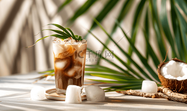 一杯冰咖啡加冰块和椰子叶