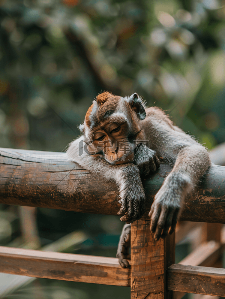 可爱的猴子在木栏杆上休息