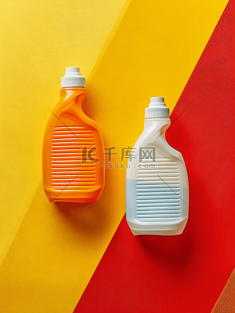 彩色针织纹理背景顶视图上的两瓶