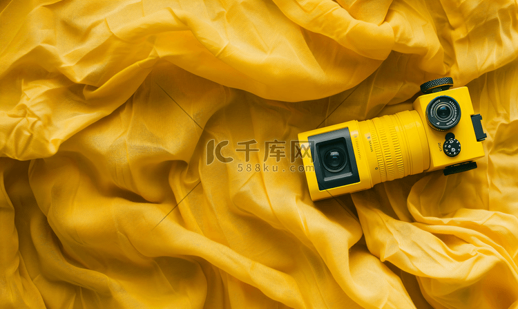 布料纹理背景上的黄色动作相机