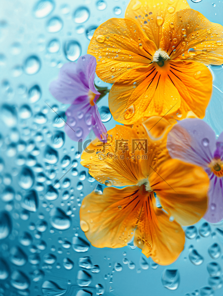 玻璃后的黄色和紫色花朵有水滴纹