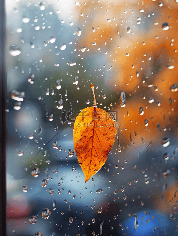 玻璃窗上的水纹理背景秋叶