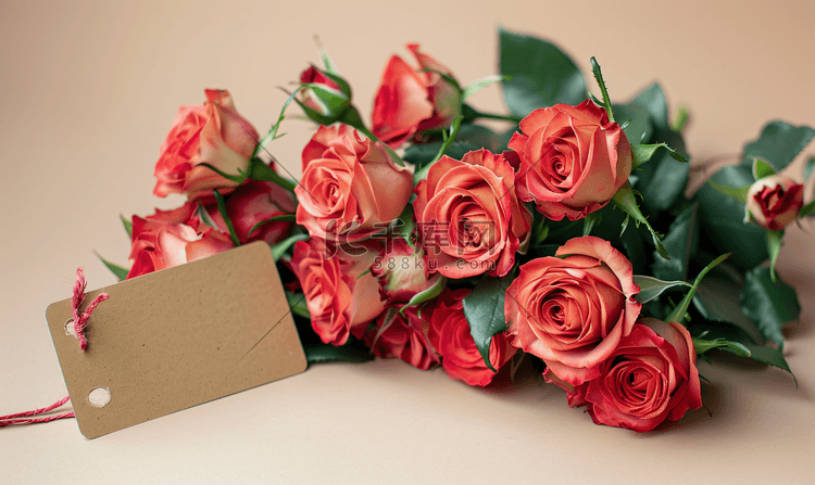 带有纸标签的盛开的玫瑰花束