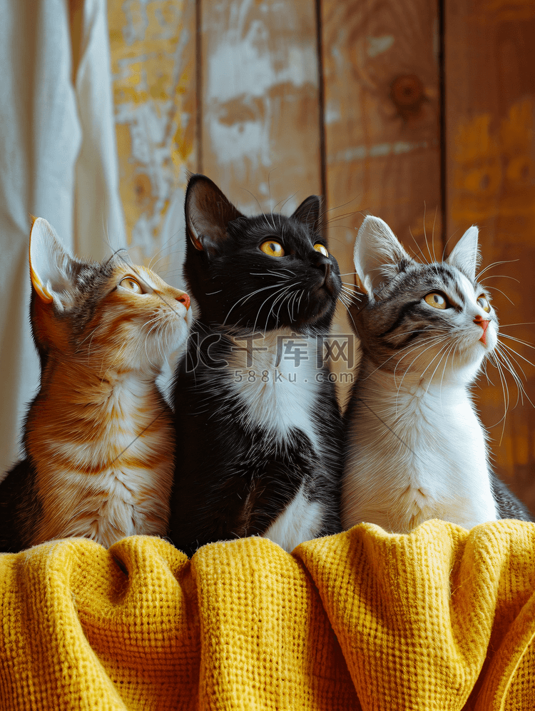 三只彩色的猫坐在腰带附近