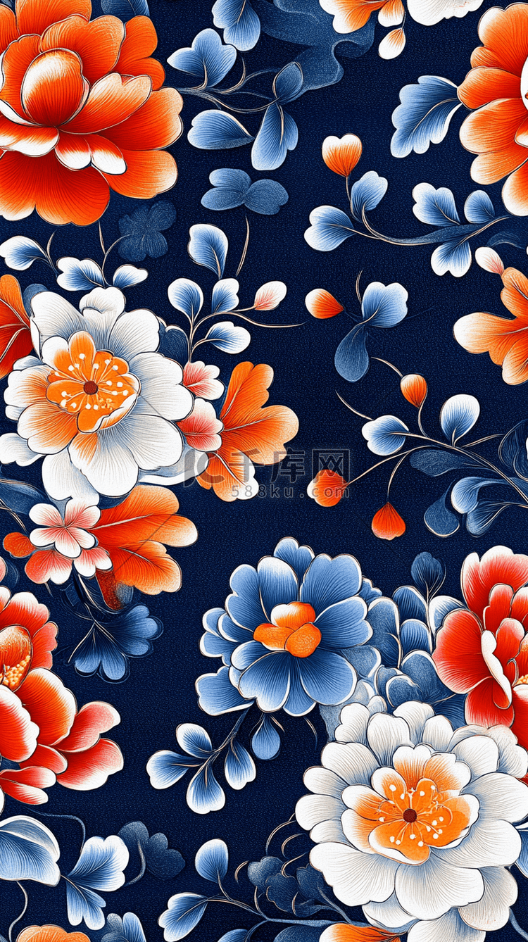 国风春节传统蓝橙配色牡丹花花朵底纹图片