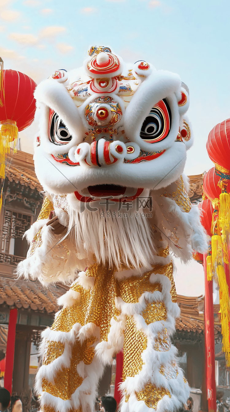 新年春节喜庆舞狮文化年俗活动场景摄影照片