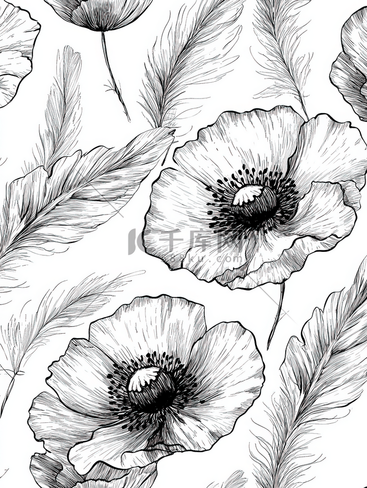 涂鸦单色罂粟花羽毛无缝图案背景纹理矢量