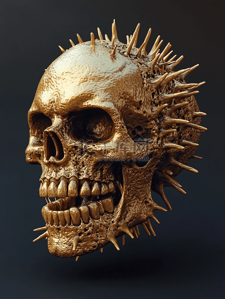 3d渲染黑色背景上的金色头骨对死亡的恐惧