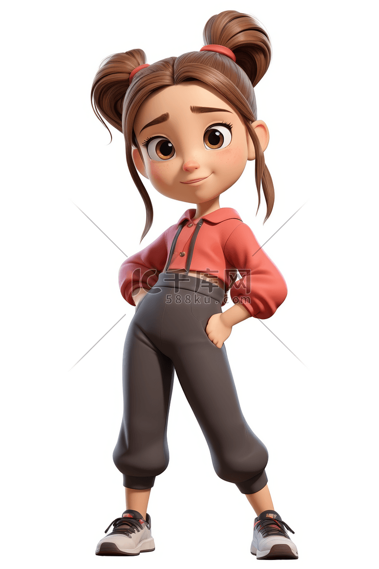 一个马尾辫的卡通女孩站着摆姿势高清图片