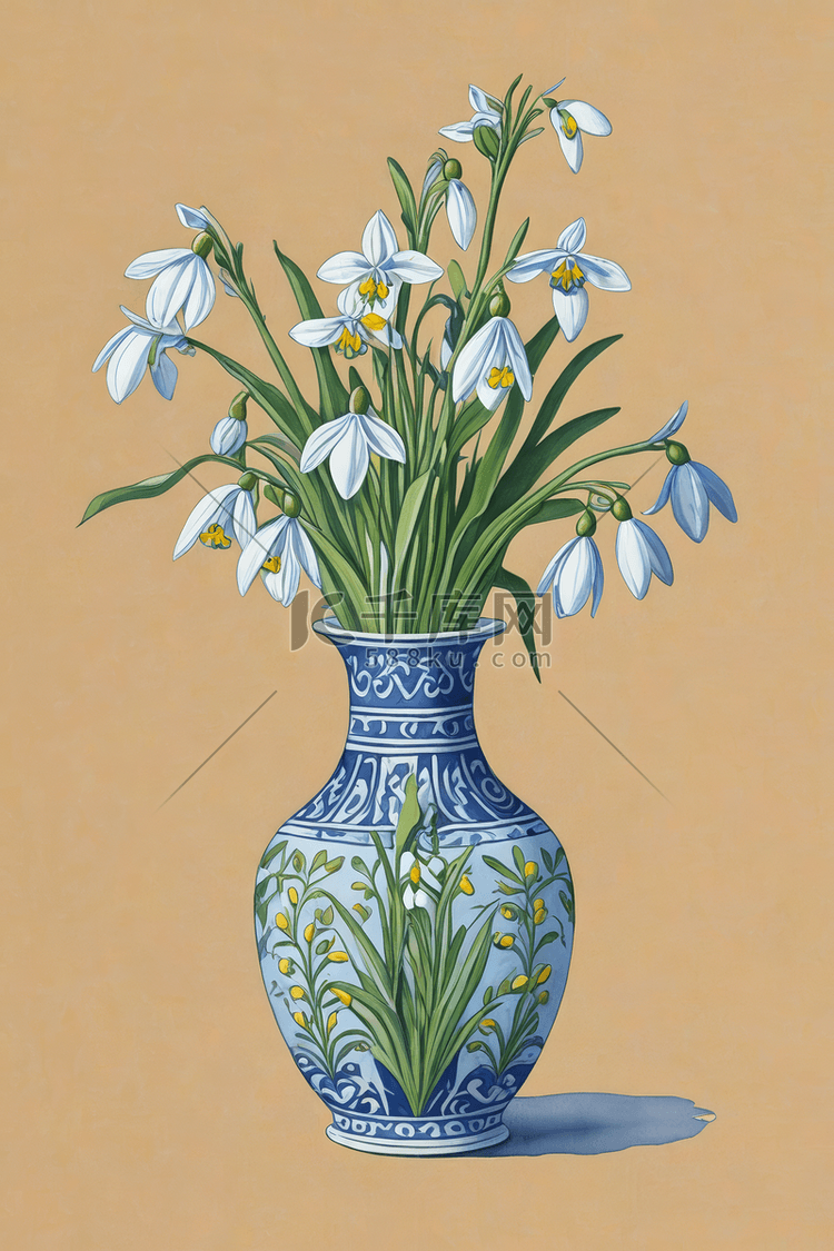 雪花莲蓝色花瓶水粉画插画