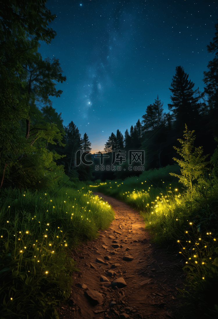 萤火虫点亮的森林小径星空下的夜光森林