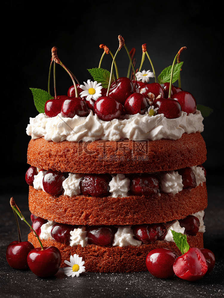 樱桃蛋糕的垂直照片侧面有奶油和配料黑色