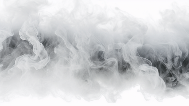 密集蓬松的白烟和雾在透明的PNG背景上，抽象烟云运动模糊不清，机器吹出的干冰飞舞在空气中，产生飘散效果，呈现出纹理。图片