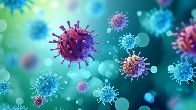 新冠病毒在浅紫色背景上的矢量图。图片