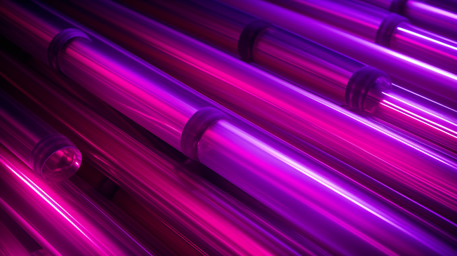黑暗背景下的红色和紫色霓虹灯管。图片