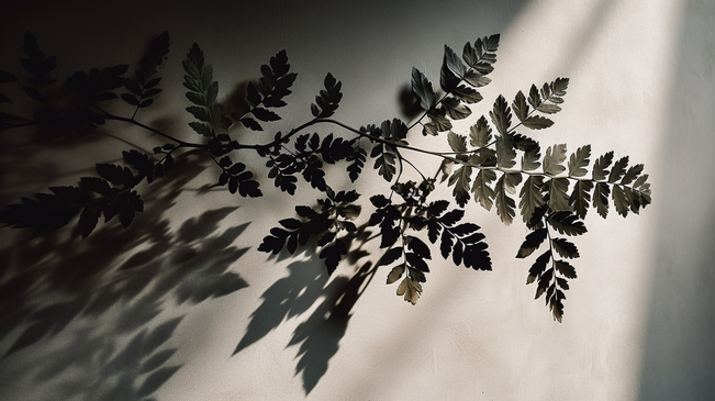Defocused leaves shadow on white wall effect background的意思是“在白色墙壁的虚化树叶阴影效果背景上”。图片