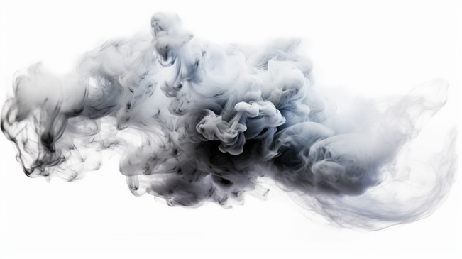透明的PNG背景上，密集蓬松的白烟和雾形成抽象的烟云运动，因焦距模糊而变得朦胧。这些烟云是由机器产生的干冰飞舞在空中的效果，带有纹理。图片