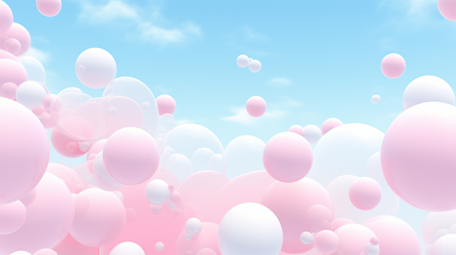 三维渲染的粉彩球、肥皂泡、漂浮在空中的波状物，搭配蓬松白云和海洋，营造浪漫梦幻的景象。自然抽象的梦幻天空。图片