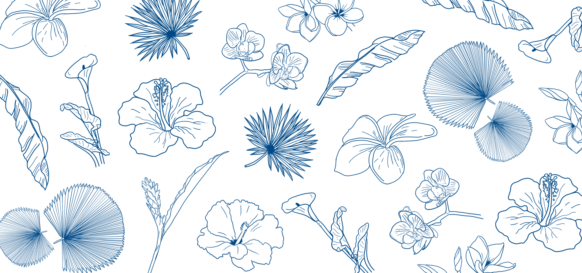 蓝色无缝线稿植物线条叶子平铺背景图片