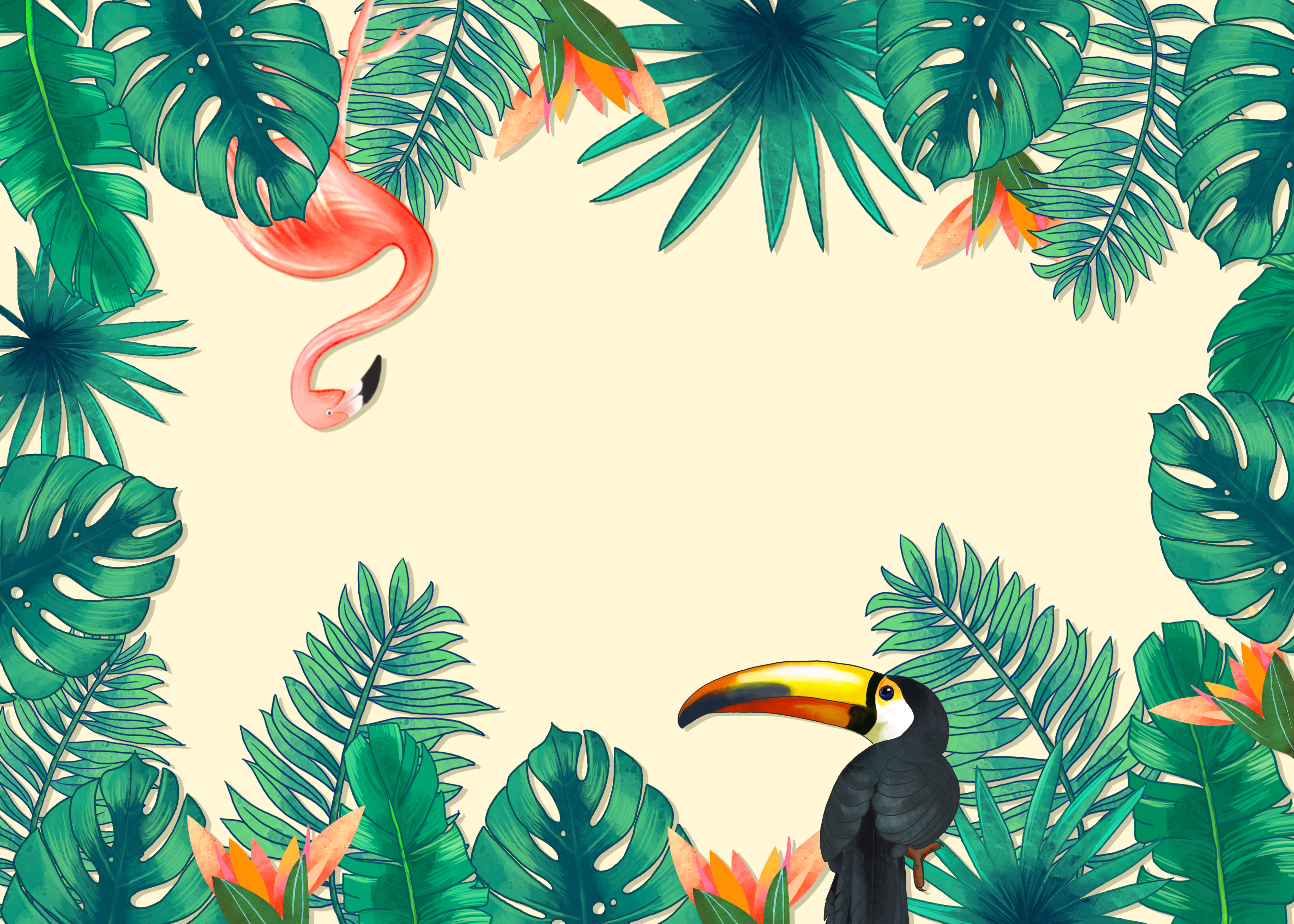 绿色火烈鸟热带背景与动物图片