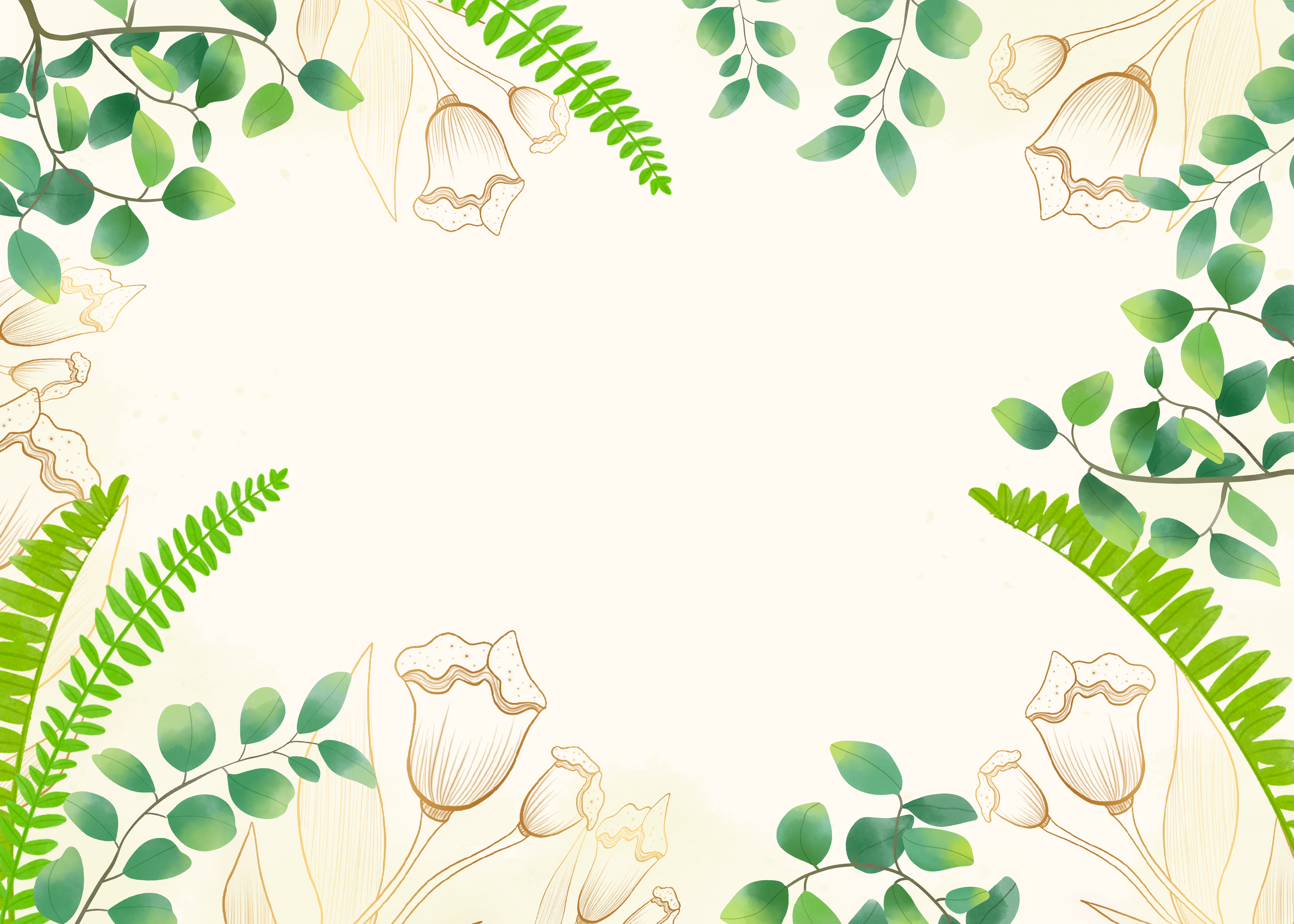 创意绿色叶片金色线稿植物背景图片