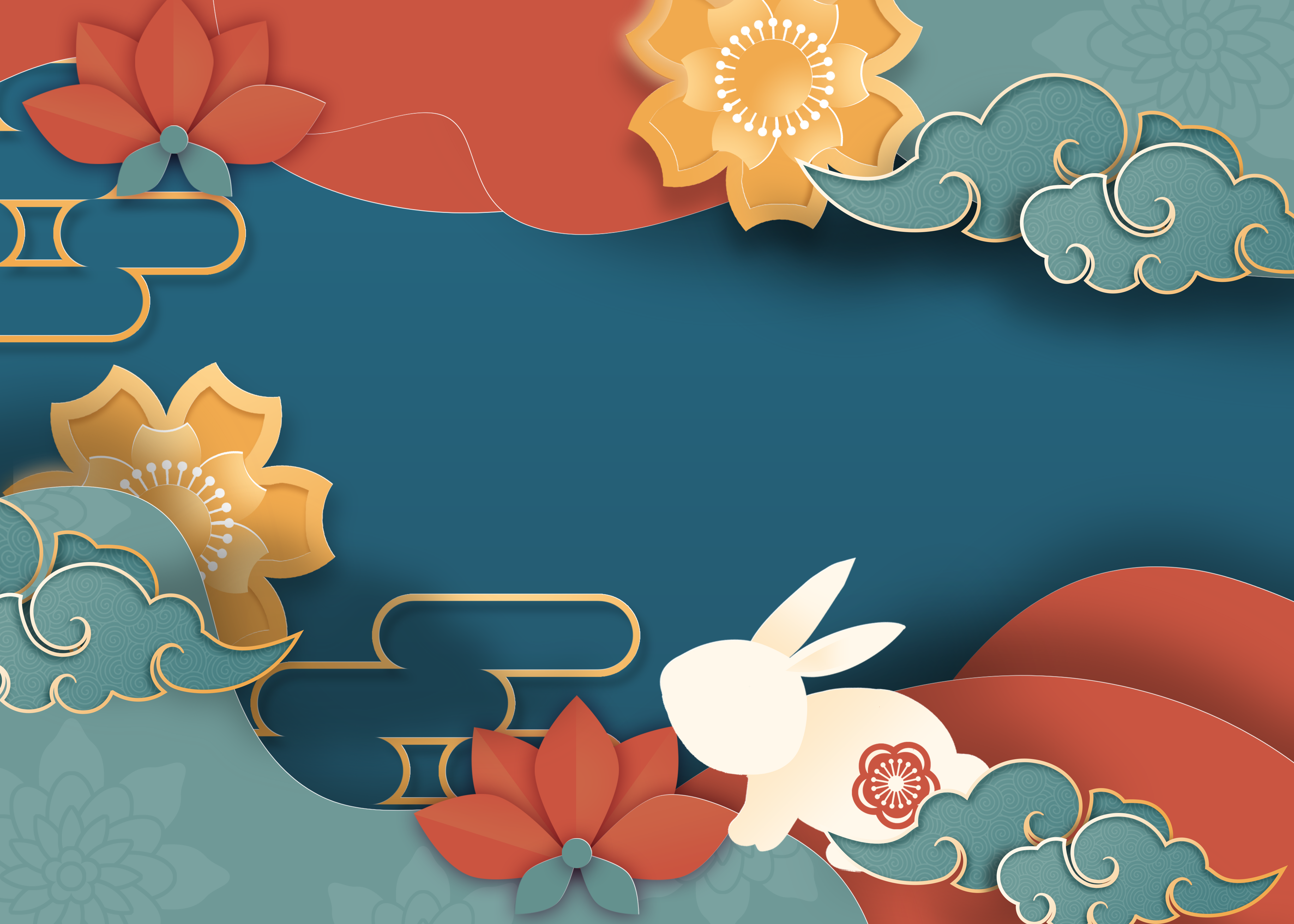 中秋节花卉兔子蓝色剪纸背景图片